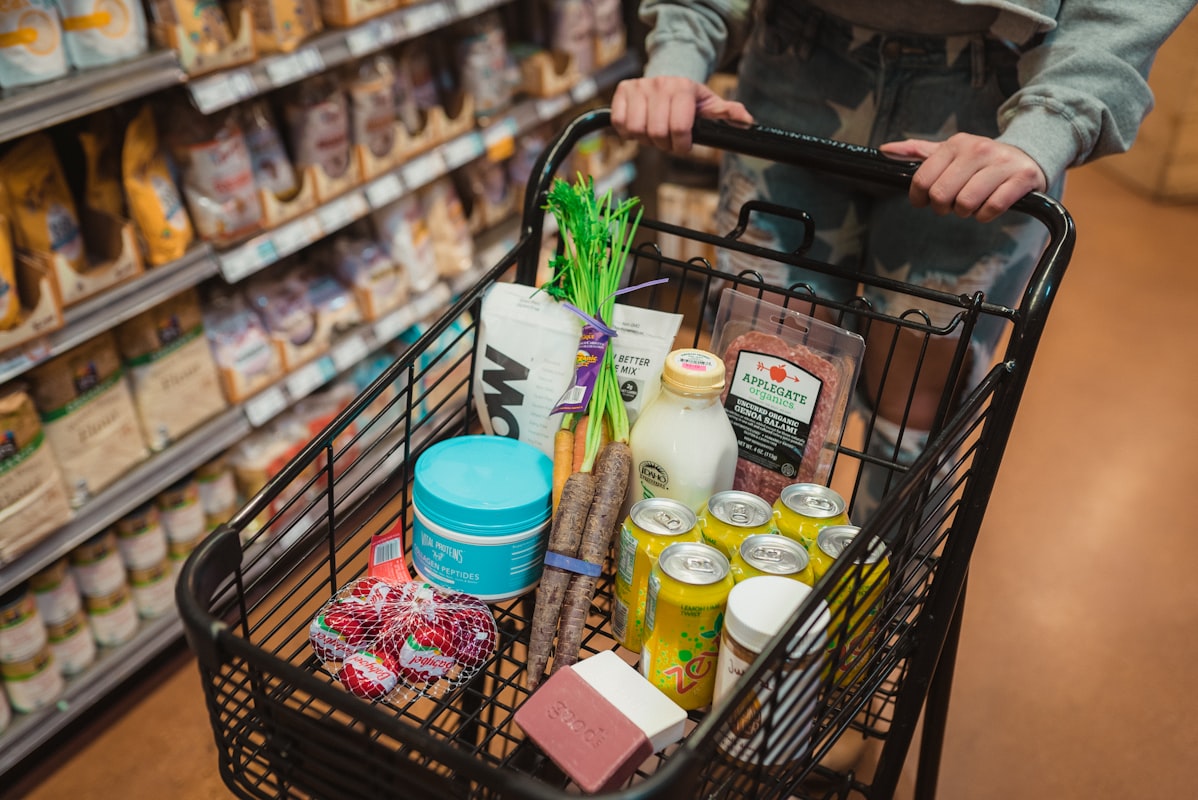 Healthy grocery shopping with fresh produce and whole foods